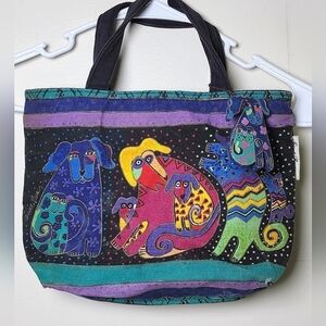 Laurel Burch Cats & Dogs Small Tote Bag With Wooden Dog Accessory